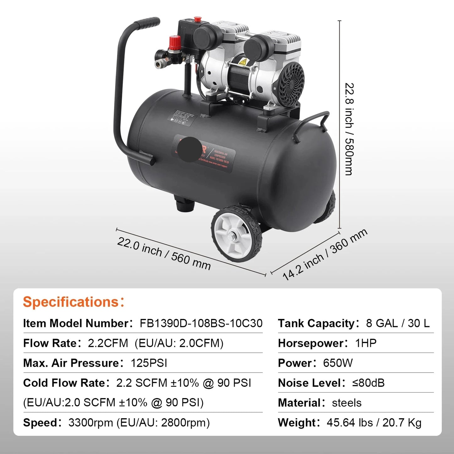 Stille Luchtcompressor - Airpress Compressor - Luchtcompressor Bandenpomp - Airpress - Elektrische Compressor - 650W - 80dB - Olievrije - 30 Gallon - Draagbare - Voor Auto Reparatie - Bandenvulling - Gereedschap - QUORE