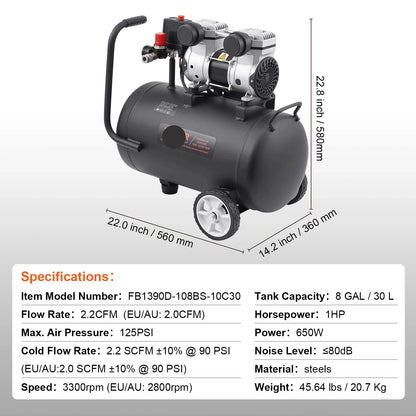 Stille Luchtcompressor - Airpress Compressor - Luchtcompressor Bandenpomp - Airpress - Elektrische Compressor - 650W - 80dB - Olievrije - 30 Gallon - Draagbare - Voor Auto Reparatie - Bandenvulling - Gereedschap - QUORE