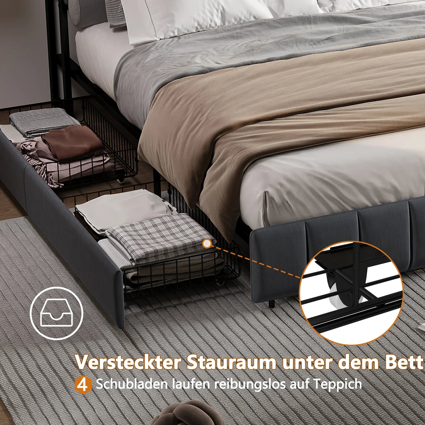 Linnen Gestoffeerd Bed – Tweepersoonsbed – Opbergbed – Bed Met Laden – Bed Met Hoofdbord – 160x200 cm – RGB LED Verlichting – Ingebouwde USB Oplaadpoorten