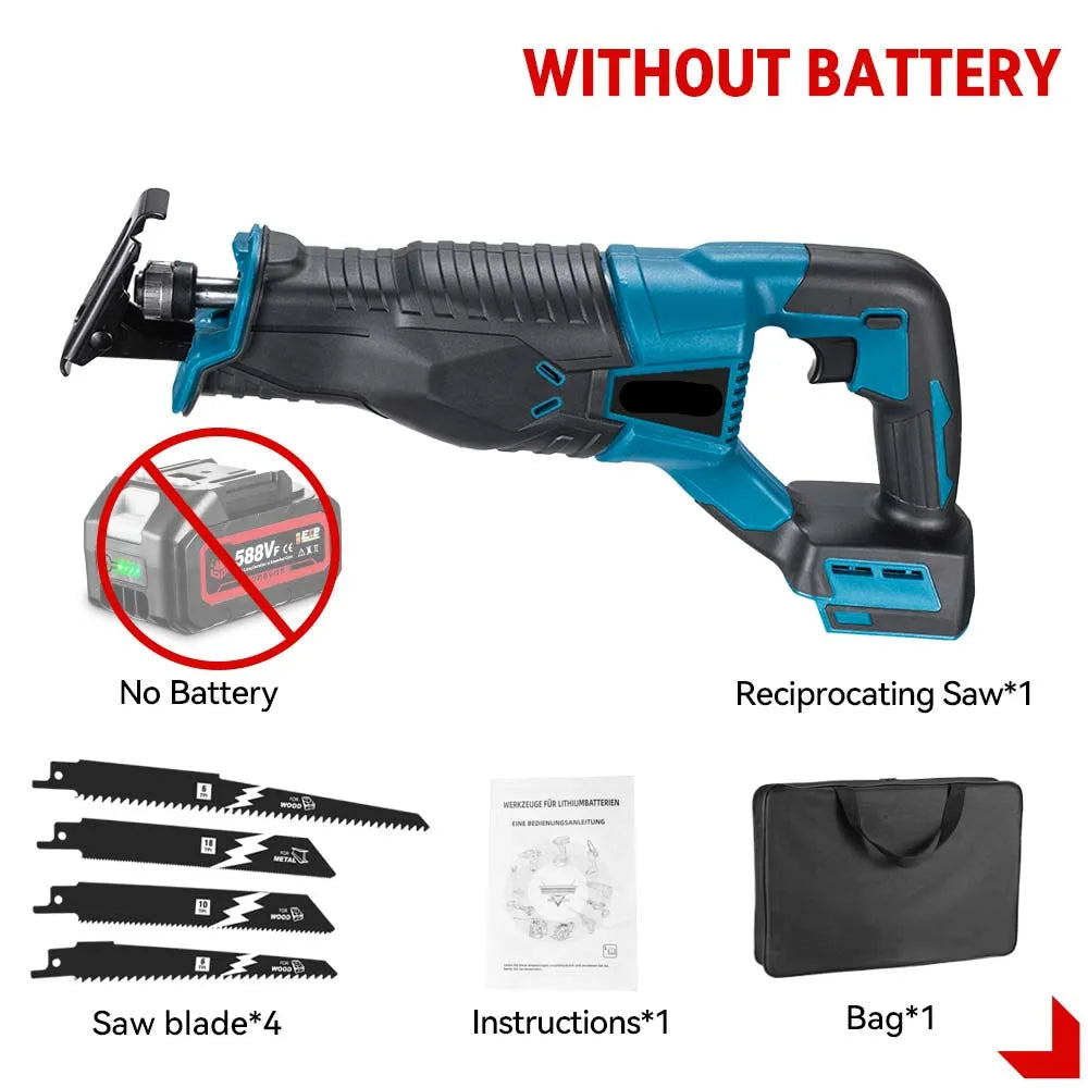 Reciprozaag - met Accu - Draadloze - Verstelbare Snelheid - 3000W - voor Hout - Metaal - Pijpen - Snijden - 18V - 10000 SPM - Zonder Batterij