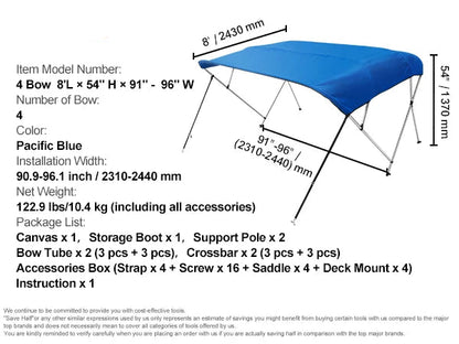 Biminitop 4 Bow - Biminitops - Parasolhoes - Bow Bimini Top Boat Cover - 900D Polyester Canopy - met 1” Aluminium Alloy Frame - Waterdicht - Pacific Blue