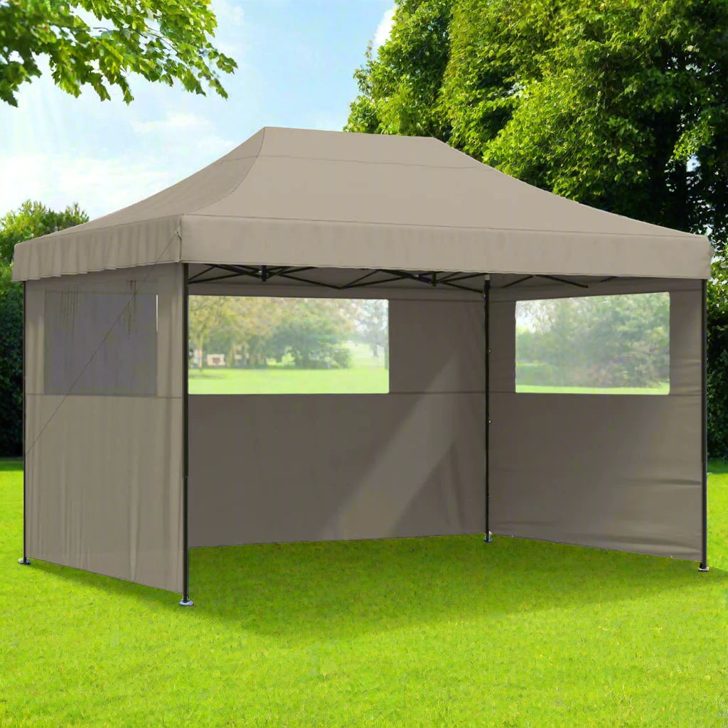 Tuinpaviljoen – Partytent – Opvouwbare Tent – Tuinkamer – Evenemententent – Outdoor Tent – met 3 Zijwanden - Waterafstotend Oxford Polyester – Stevig Gepoedercoat Staal - 410 x 279 x 315 cm - Bruin