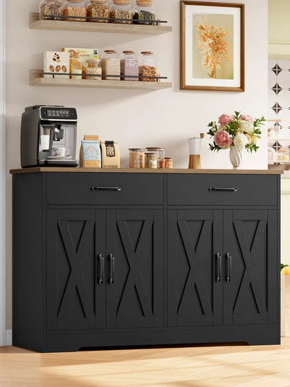 Keukenbuffet – Kast – Dressoir – Opbergkast – Buffetkast – Zwart – 120 cm Breed Werkblad – 2 Lade(s) en 4 Deuren – Duurzaam Technisch Hout