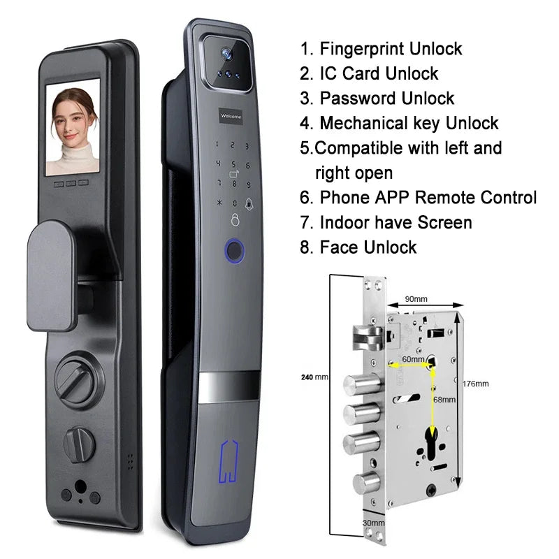 Slimme Deurslot – Elektronisch Slot – Gezichtsherkenning Slot – Digitale Deursluiting – Contactloos Ontgrendelen – Wifi HD Videodeurbel - Gezicht Herkenning - 30x240