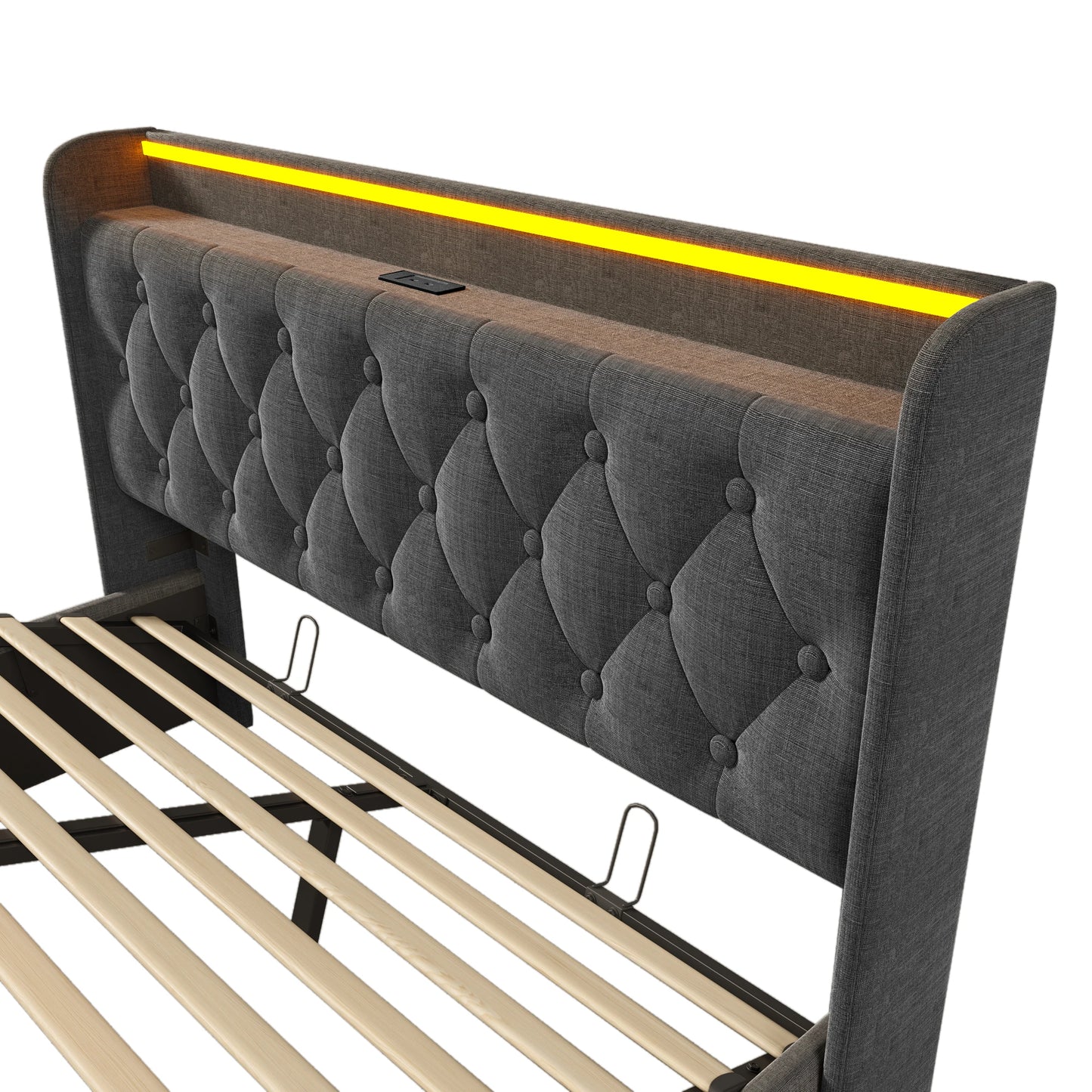 Opbergbed – Bed Met Opbergruimte – Slaapbank – Boxspring – Bedframe – Donkergrijs 160x200 cm – LED-Verlichting Met 360° Surround – USB Type-C Oplaadpoort
