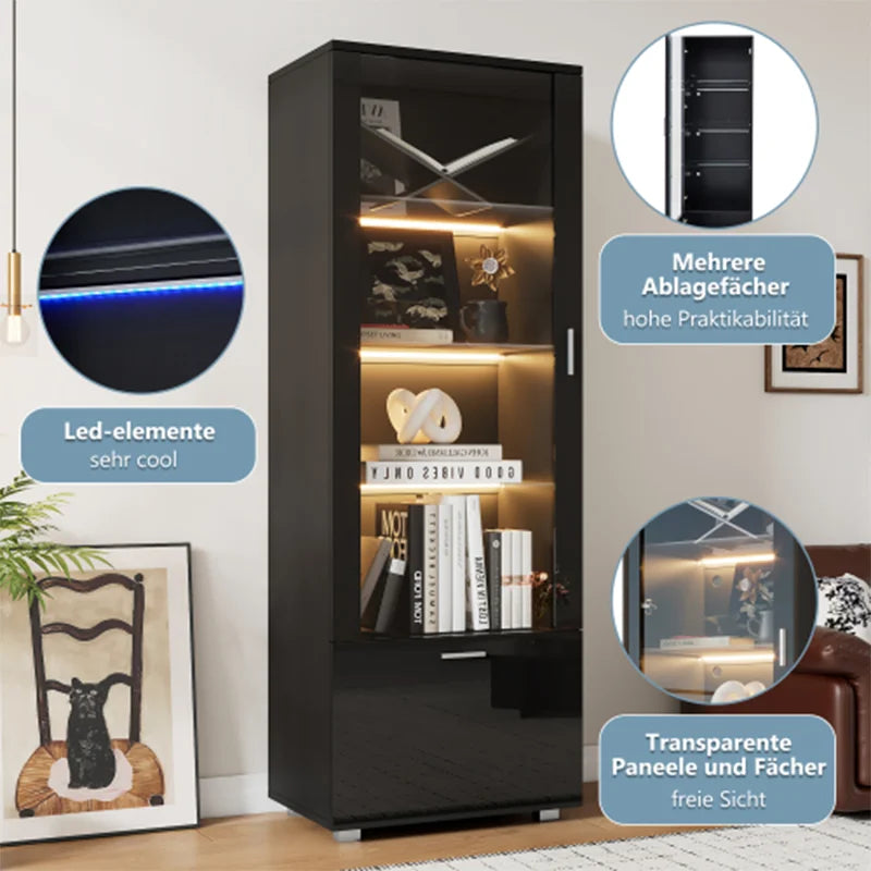 Vitrinekast - Met glazen deur - Zwart Hoogglans - LED Verlichting - 3 Planken