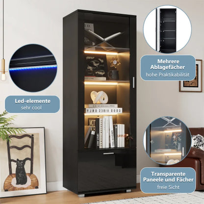 Vitrinekast - Met glazen deur - Zwart Hoogglans - LED Verlichting - 3 Planken