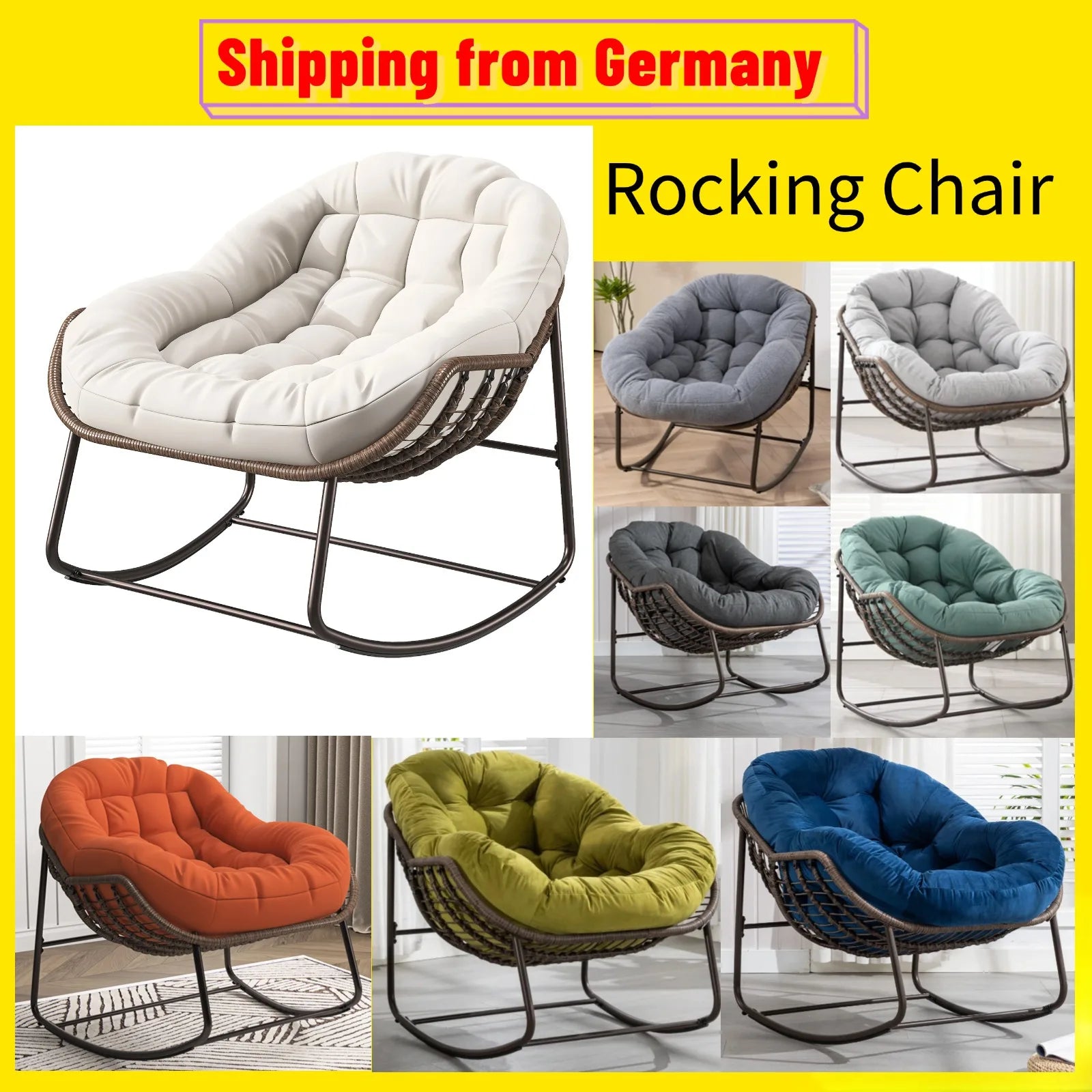 Schommelstoel – Relaxstoel – Fauteuil – Loungestoel – Wipstoel – Handgevlochten Rattan – Gepoedercoat Stalen Frame – Inclusief Zacht Kussen - QUORE