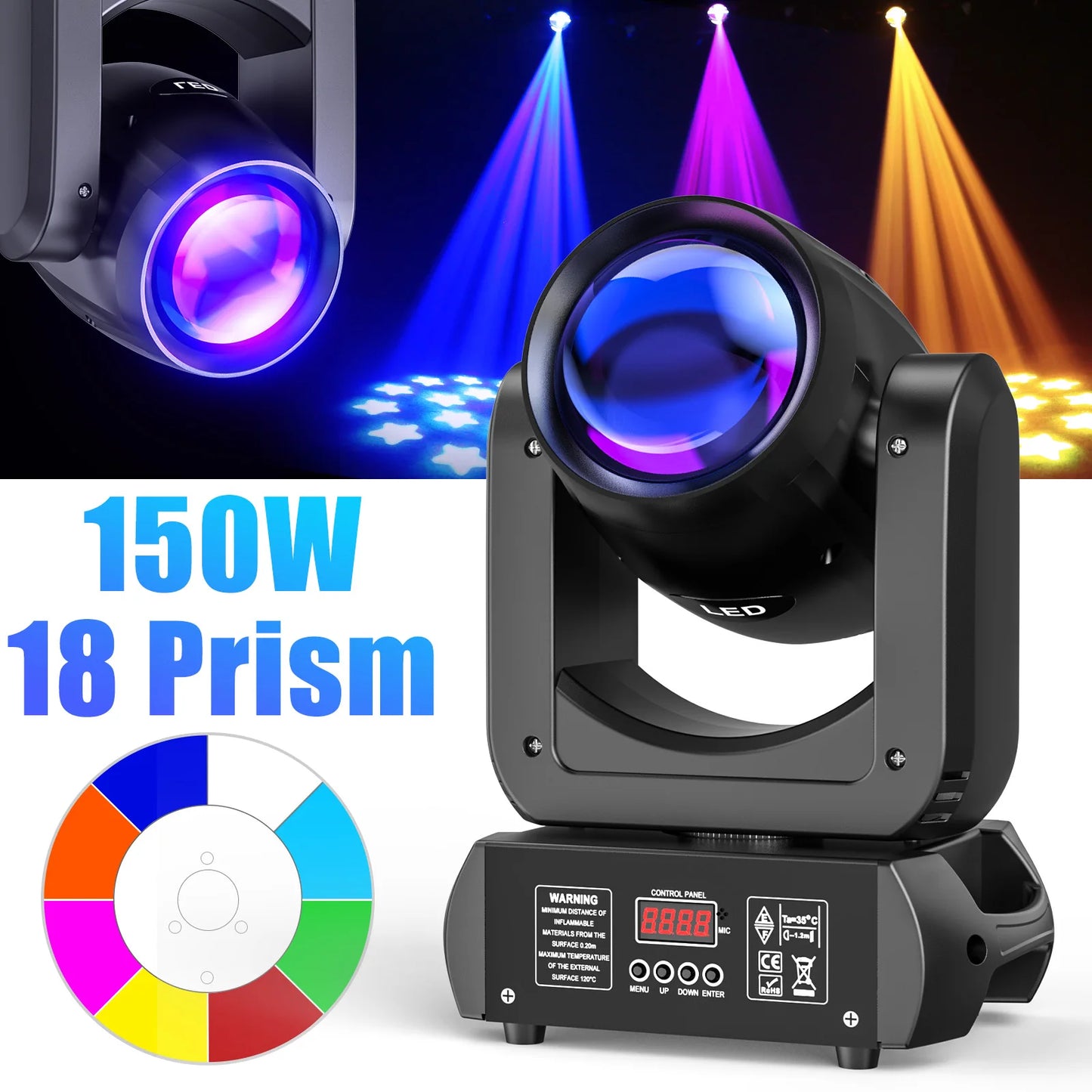 Moving Head Beam Light – Moving Head Spot – DJ Licht – Podiumverlichting – Theaterlamp – Set Van 2 EU Plug – 150W Cob Led – 18 Prismen Effect - QUORE