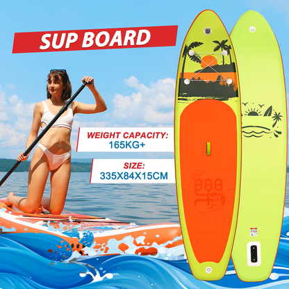 Supboard - Paddle Board - Peddelplank - Surfplank - Opblaasbaar - Inc. Peddel - Vin - Leash - Riem - Handpomp - Rugzak - 335 x 84 x 15 cm - Geel-groen & Oranje