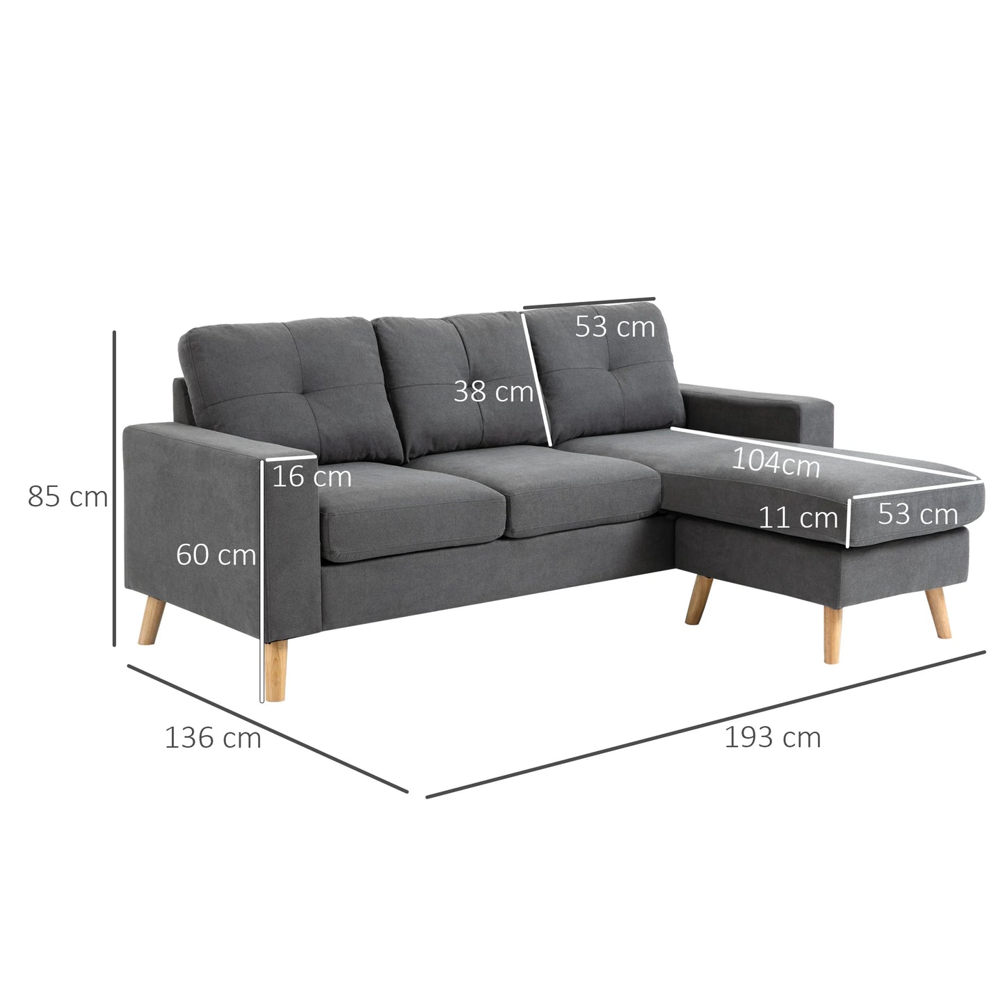 Hoeksalon – Hoekbank – Hoekzetel – Bank – Zitbank – 3-Zits – Donkergrijs Polyester – Omkeerbare Chaise Longue