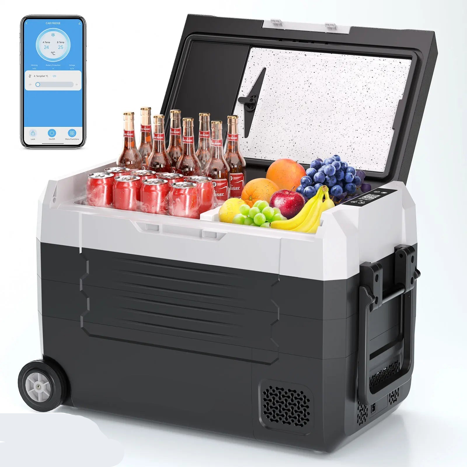 Mini Koelkast - Auto Koelkast - Mini Fridge - Frigo - Draagbare - Kleine -Compressor Koelbox - Elektrische Vriesbox - Dual Zone - met Wielen - Bluetooth - 240V Autocompressorkoeler - 12V/24V - 45L - Zwart - QUORE