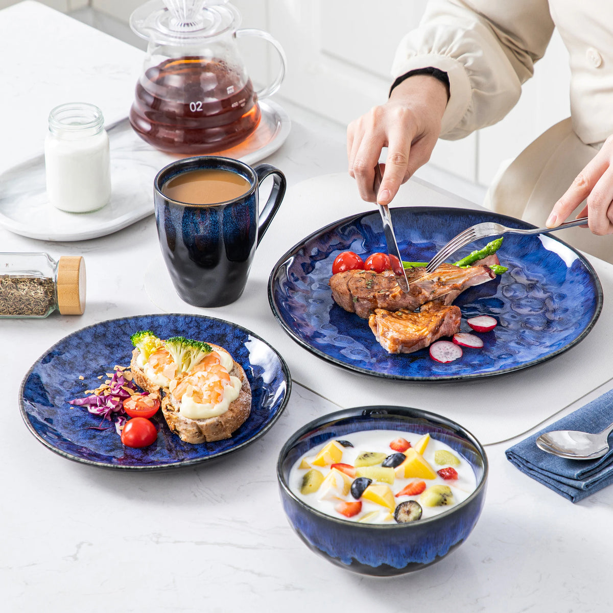 Servies - Servies set - 32 Stuks - Ovens Verandering -  Glazuur Porselein TablewareSet - met Diner Bord, Dessertplaat - Kom - Mok - Sterrenblauwe