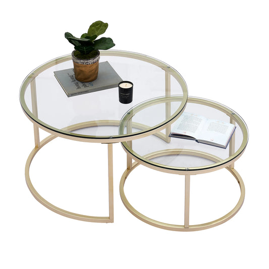 2-in-1 Round Coffee Table Set – Industrial Side Table – Steel &amp; Glass – Nesting Tables – 60 cm &amp; 40 cm – Living Room &amp; Apartment