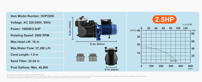 Zwembadpomp - 2,5 Pk 120 GPM - Maximale Doorstroming - 220V - Filtermand - 2850RPM - voor Bovengrondse Zwembaden - Hot Tubs - Spa'S - Max. 40.000L