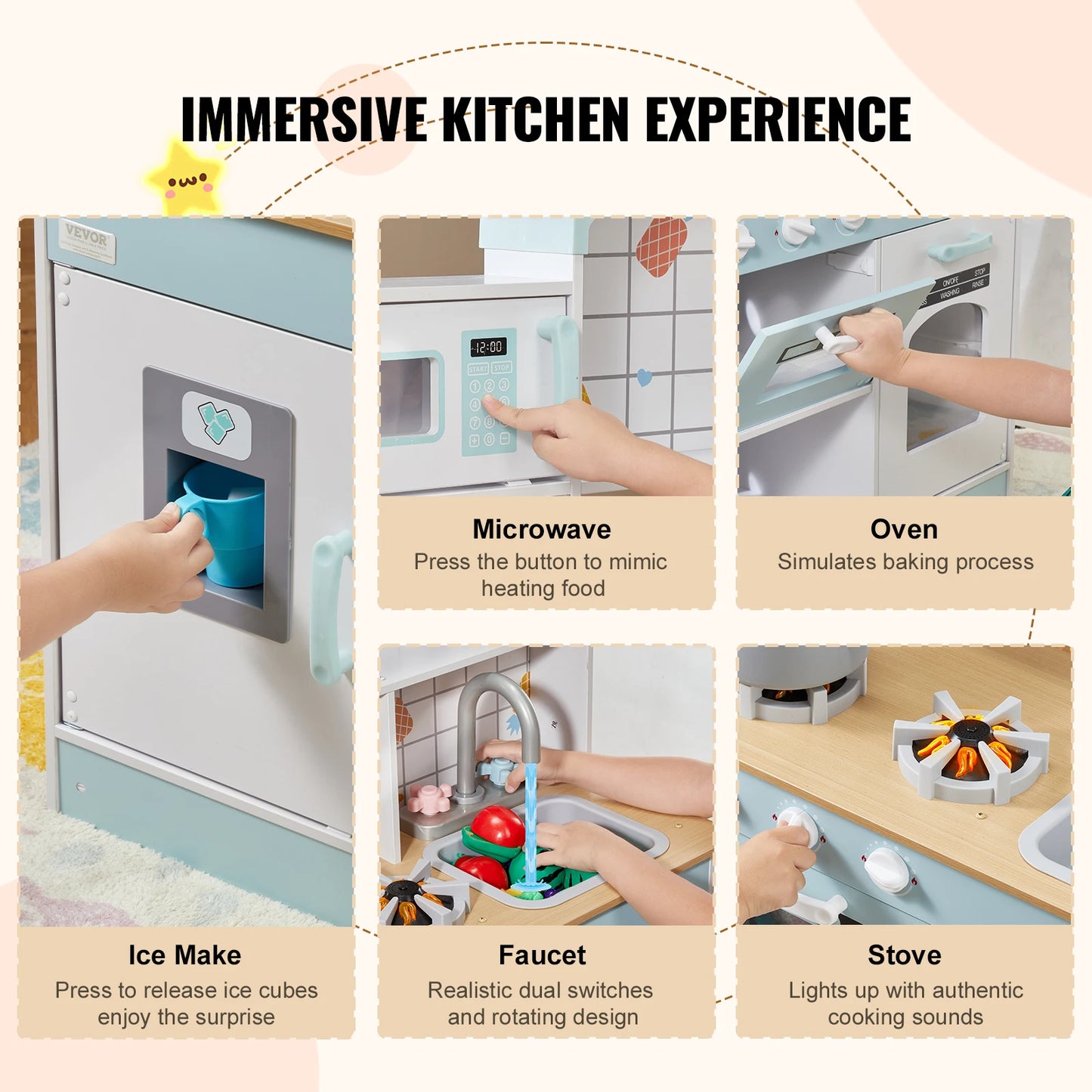 Speelkeuken - Speelgoedkeuken - Keukenset - met Geluid Fantasiespel - Servies - voor 3-6 jaar - Peuters - Solide Structuur - Oneindige Verbeelding - Educatieve Waarde - Leuke Interactie - Hout - 88.6 x 31.75 x 90.4 cm - Wit