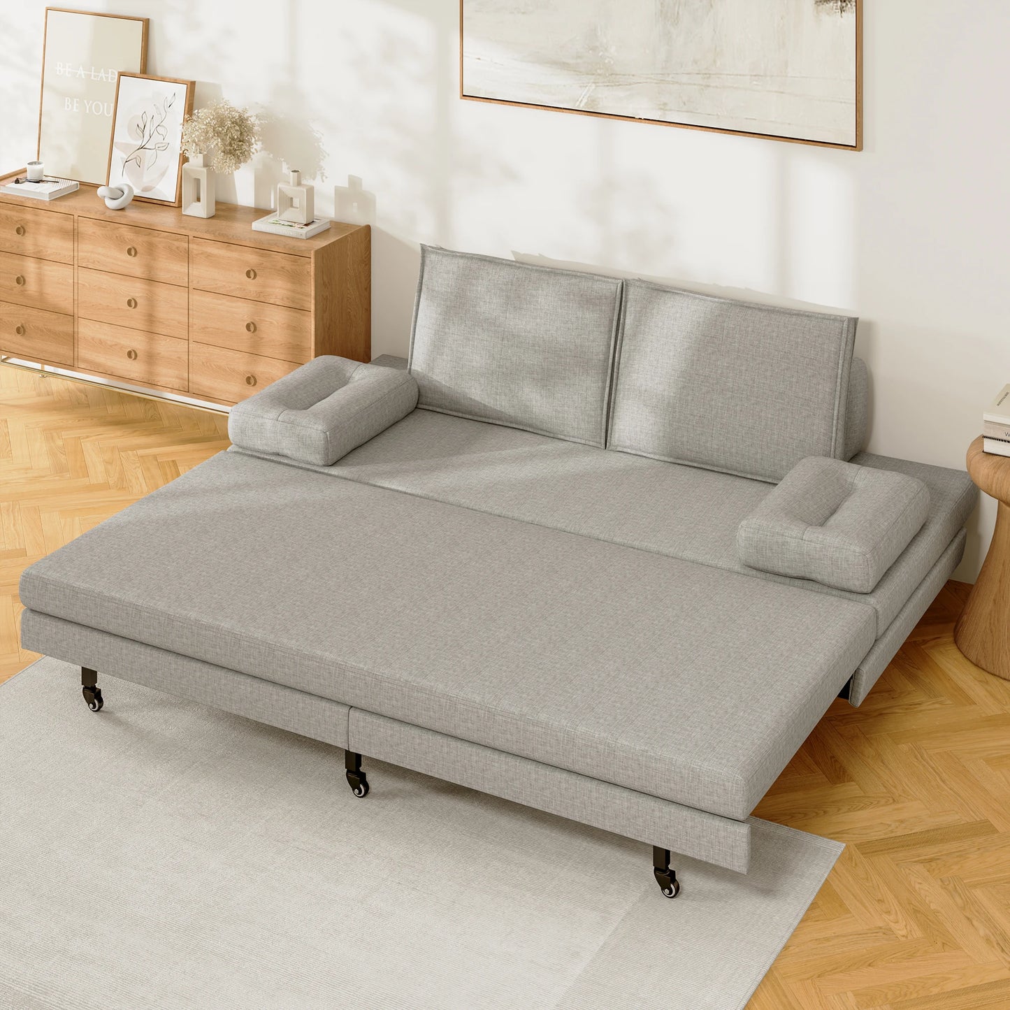 2-Zits Slaapbank – Slaapsofa – Bedbank – Sleeperbank – Bankbed – Grijs Linnen – Uittrekbaar 180x200 cm – Met Houten Lattenbodem & Wieltjes