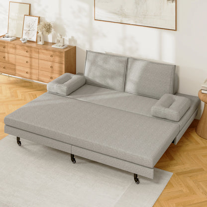 2-Zits Slaapbank – Slaapsofa – Bedbank – Sleeperbank – Bankbed – Grijs Linnen – Uittrekbaar 180x200 cm – Met Houten Lattenbodem & Wieltjes