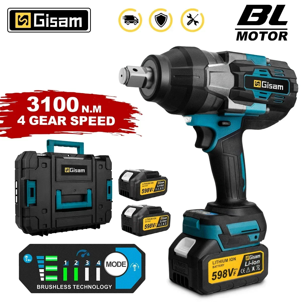 GISAM 3100N.M Brushless Electric Impact Wrench 3/4 Inch Cordless Torque Wrench Screwdriver Power Tool For Makita 18V Battery - QUORE