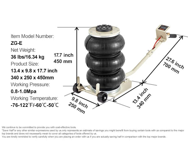 Pneumatische Krik - Autokrik - Garagekrik - Krik - 3 Ton - Triple Bag Air Jack - met Wielen en Inklapbare Stang voor Auto-onderhoud en Snelle Lift - luchtkussen Krik - QUORE