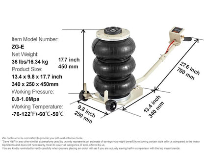 Pneumatische Krik - Autokrik - Garagekrik - Krik - 3 Ton - Triple Bag Air Jack - met Wielen en Inklapbare Stang voor Auto-onderhoud en Snelle Lift - luchtkussen Krik - QUORE