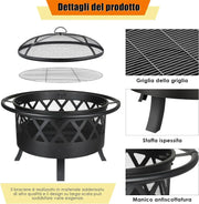 Vuurkorf - 3 in 1 - Tuin Buiten Patio Heater - met houtprikker, gaasdeksel - Staal - Barbecue Grill - Terrashaard voor Sfeervolle en Gezellige Avonden met Vrienden en Familie - Zwart - QUORE