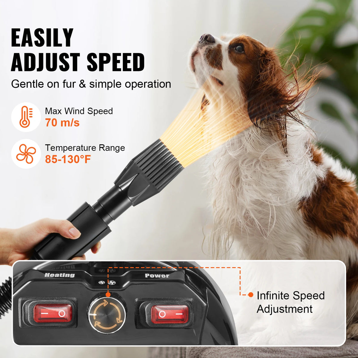 Professionele Hondenfohn - Waterblazer voor Honden - Hondenfohn met 4 Opzetstukken -Stil Design met geluidsdemper - Verstelbaar Vermogen - Zwart - QUORE