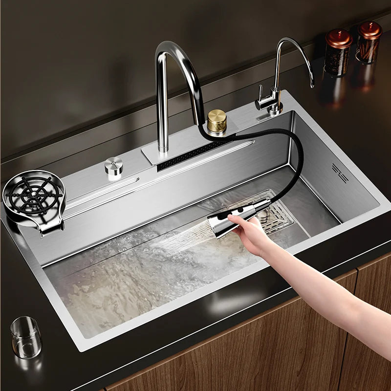 Keukenspoelbak – Spoelbak – Gootsteen – Wasbak – Enkele Spoelbak – Extra Groot 75x45 cm – 304 RVS Met Waterval Kraan