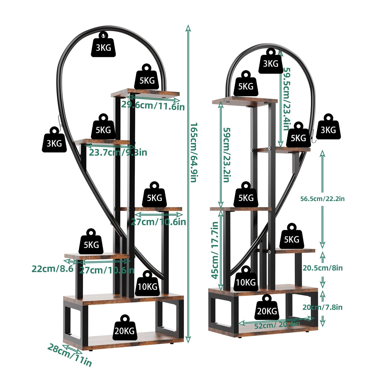 Plantenstandaard Binnen - Half Hartvorm - Plantenrek - Industrieel Plantenrek - Bloemenrek - 165cm Hoog - voor Binnen & Buiten – Metaal en MDF - voor 20 Potten