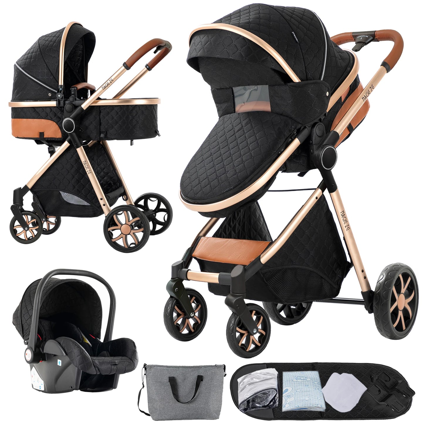 Kinderwagen – Babywagen – Wandelwagen – Buggy – Reiswieg – Obsidian Zwart – Lichtgewicht Katoen – Inklapbaar Compact