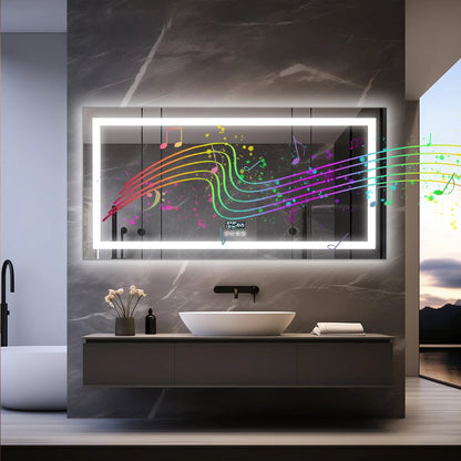 Badkamerspiegel – Spiegel Met Speaker – Led Spiegel – Anti-Fog Spiegel – Frameloos Design – Bluetooth Speaker – Driedelige Ledverlichting - Ovaal - 120x60cm - QUORE