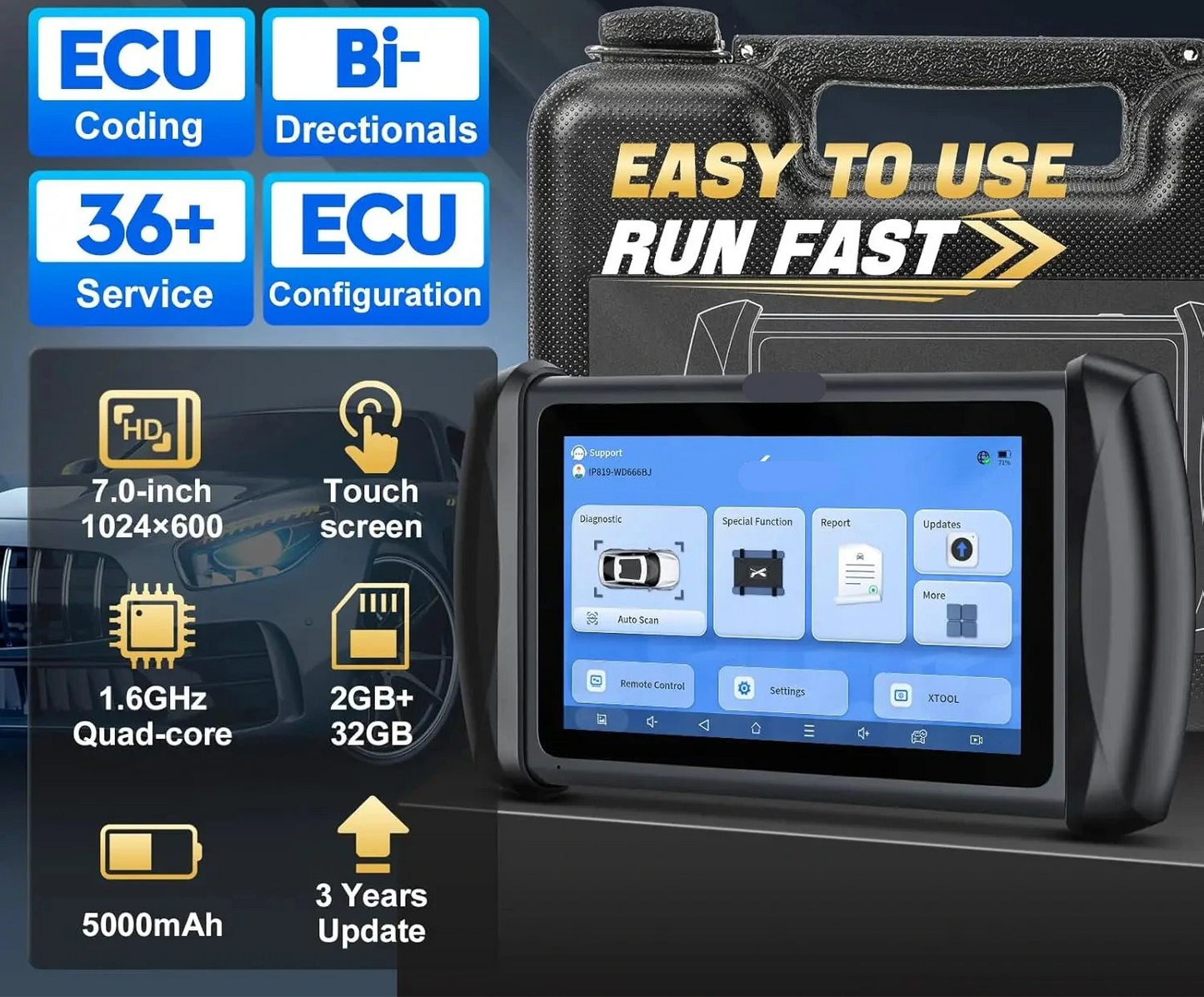 Autodiagnosetool – Diagnoseapparaat – Foutcode Lezer – ECU Scanner – Voertuig Tester – 7 Inch Touchscreen – 36+ Resetfuncties