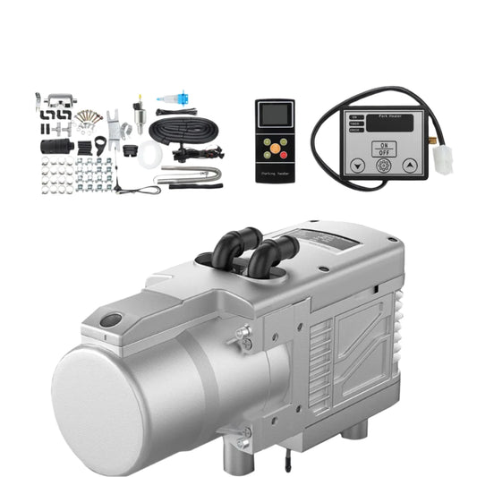 Luchtverwarmer Diesel/Gasolie- Parkeerverwarming- Autokachel- 5KW 12V- met sanitair LCD schakelaar Geluiddemper Motor- Zilver