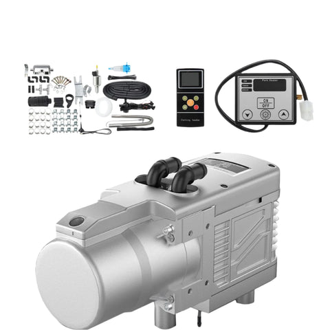 Luchtverwarmer Diesel/Gasolie- Parkeerverwarming- Autokachel- 5KW 12V- met sanitair LCD schakelaar Geluiddemper Motor- Zilver