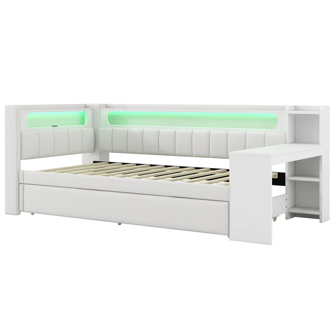 Eenpersoonsbed – Bedframe – Uittrekbed – Smart Bed – Studentenbed – Zonder Matras – Met Uittrekbed en Bureau – 90x200 cm – Wit Design