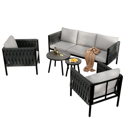 Tuinmeubelset – Buitenmeubelset – Tuinbank – Terrasmeubelen – Handgeweven Design – Weerbestendig Staal – Marmeren Glazen Tafel