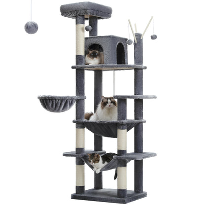Kattenboom - Kitten Krabpaal - Sisal Krabpalen - Krabpaal - Katten Klimmuur - Krabplanken - Arbre a Chat - Hangmat & Speeltjes - Meerdere Verdiepingen - met Pluche Kattenhuisjes - 175cm - Donkergrijs