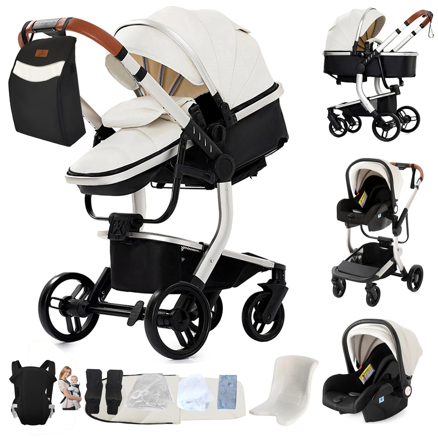 3 in 1 Baby Stroller with Leather Handle High Landscape Foldable Lightweight Pushchair Reclining Seat for Newborn to Toddler