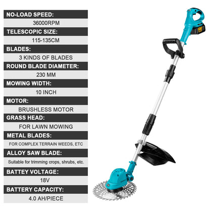Grasmaaier - Grastrimmer - Tuingereedschap - Handcultivator - Elektrische - 10 Inch - Inklapbare - Draadloze - Brushless - Geschikt voor 18V Accu – 2 Accu’s Meegeleverd - QUORE