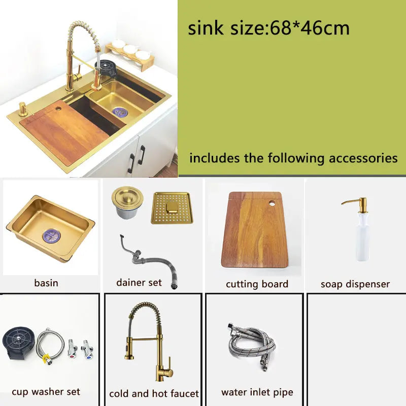 gold Waterfall faucet kichen sink Nano sink 304 Stainless Steel Golden Topmount Single Bowl Wash Basin 4 function kitchen faucet