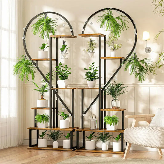 Plantenstandaard Binnen - Half Hartvorm - Plantenrek - Industrieel Plantenrek - Bloemenrek - 165cm Hoog - voor Binnen & Buiten – Metaal en MDF - voor 20 Potten