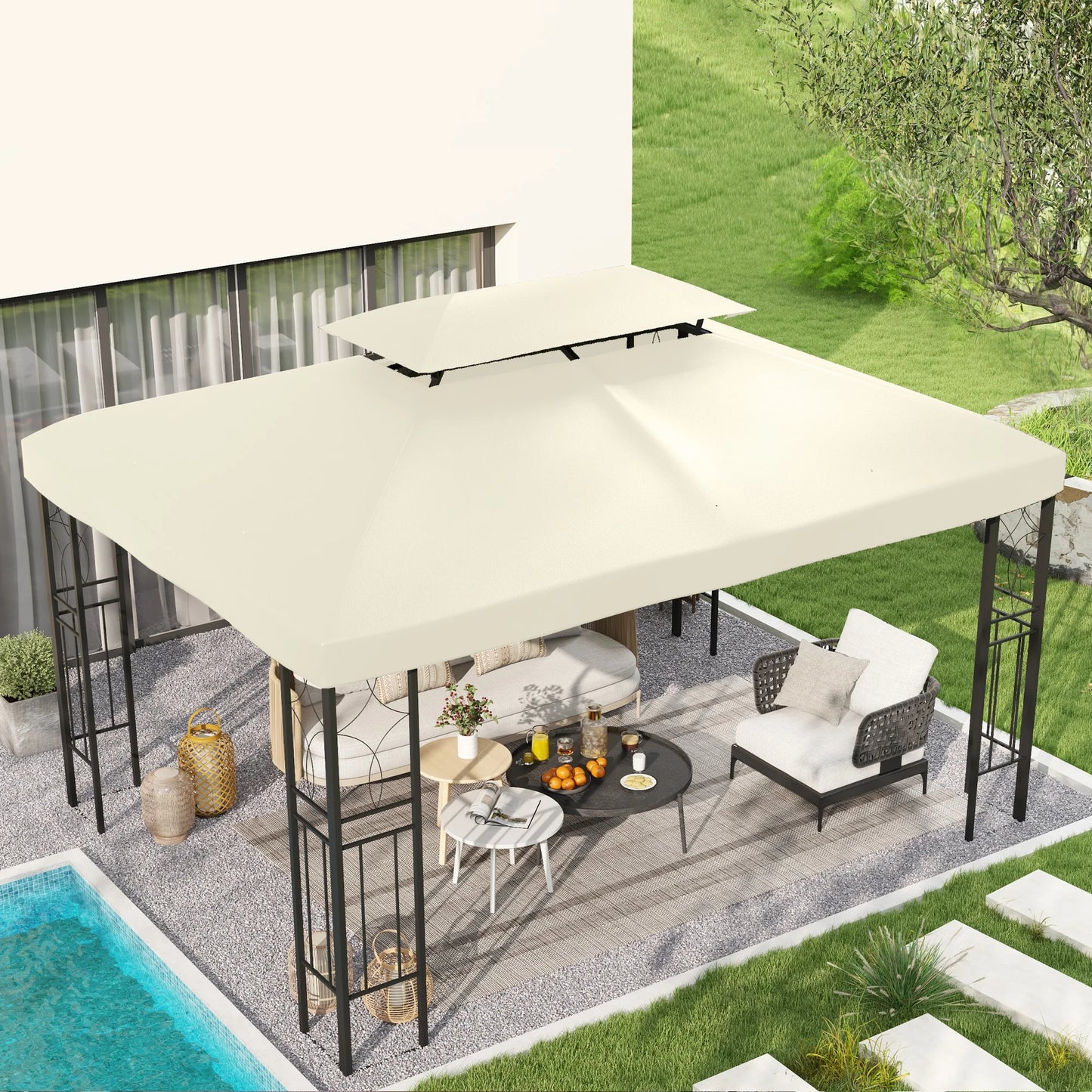 Gazebo - Tuin Dak - Reservedak - 2 Niveaus - Pergola Awning - met 180 g/m² Ademend Anti-UV Polyesterweefsel - PA-Coating - 10 Drainagegaten - Stevig - Durzaam - voor Tuin - Buiten - 3 x 4 m - Beige - QUORE