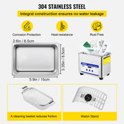 Vevor - Ultrasonic cleaner - Portable - Upgraded - Lave-Dishes - Frequency 40kHz - 220V - 35W - Cleaning device for jewelry and glasses - Stainless steel - Capacity 800ml - Silver