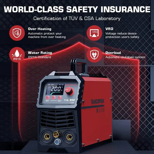 Arccaptain - TIG200 - Lasmachine - Elektrische lasmachine - Synergic Contol Welder - 2 in 1 - Tig Lasmachine - LED Digitaal Display - Rood