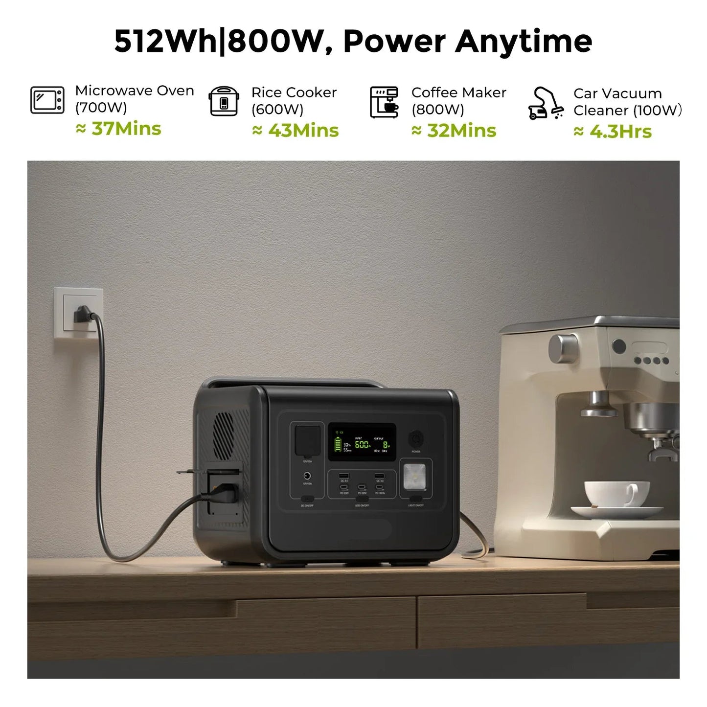 Powerstation – Draagbare Energiecentrale – Mobiele Batterij – Noodstroom – 512Wh Capaciteit – 800 Watt Vermogen - LiFePO4 Batterij - voor Home Backup - Outdoor Kamperen - Mobiele Stroom - Zwart
