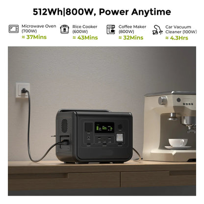 Powerstation – Draagbare Energiecentrale – Mobiele Batterij – Noodstroom – 512Wh Capaciteit – 800 Watt Vermogen - LiFePO4 Batterij - voor Home Backup - Outdoor Kamperen - Mobiele Stroom - Zwart