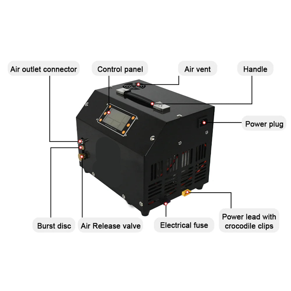 Luchtcompressor - Luchtcompressor Bandenpomp - Airpress Compressor - met LCD-scherm - Digitaal Besturingssysteem - 300Bar - 4500Psi PCP - 220V - met Ingebouwde 12V Draagbare Stroomadapter Ventilator