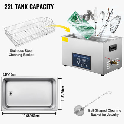 Ultrasone Reiniger – Ultrasoon Schoonmaakapparaat – Sieradenreiniger – Brillenreiniger – 22 Liter Roestvrij Stalen Tank – Dual-Frequency Technologie