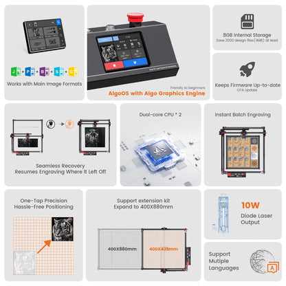 AlgoLaser Laser Engraver Cutter With Wifi Offline Control/3.5inch Touch Screen 10W Laser Engraving Cutting Machine CNC Machine - QUORE