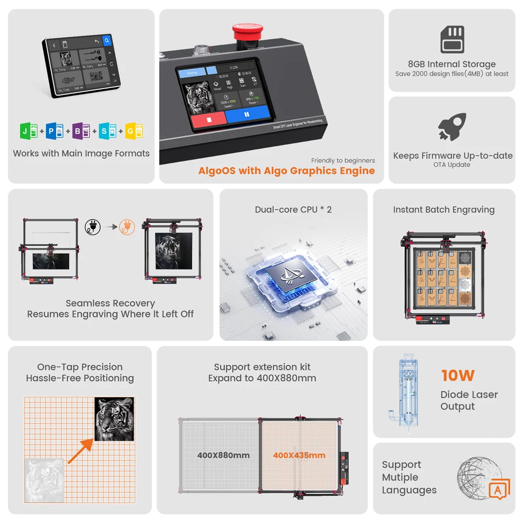 AlgoLaser Laser Engraver Cutter With Wifi Offline Control/3.5inch Touch Screen 10W Laser Engraving Cutting Machine CNC Machine - QUORE